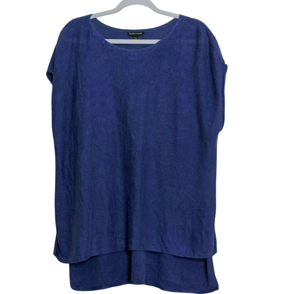 Eileen Fisher Organic Linen Tunic Top L Blue Oversized Boxy High Low Lagenlook
